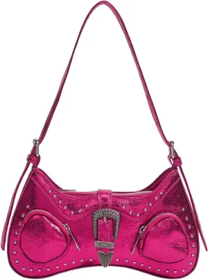 WDIRARA Women's Studded Detail Underarm Bag Buckle Decor Clutch Purse Flap Zipper Funky Shoulder Handbag