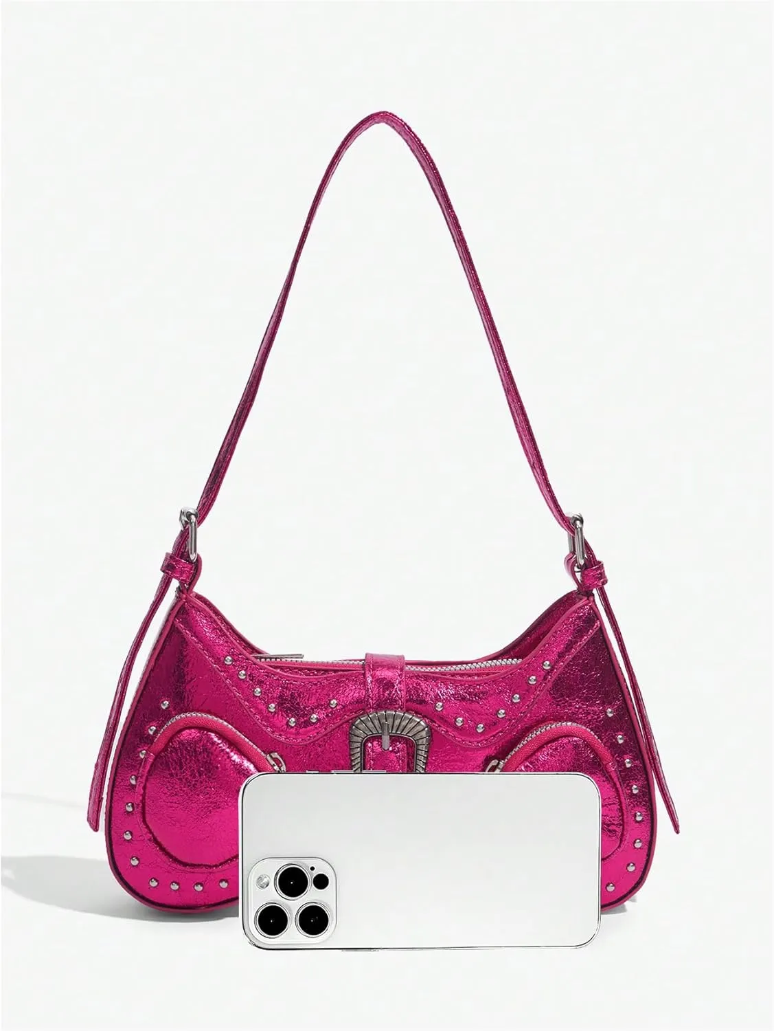 WDIRARA Women's Studded Detail Underarm Bag Buckle Decor Clutch Purse Flap Zipper Funky Shoulder Handbag