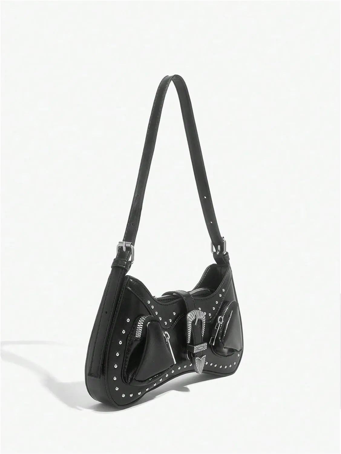 WDIRARA Women's Studded Detail Underarm Bag Buckle Decor Clutch Purse Flap Zipper Funky Shoulder Handbag