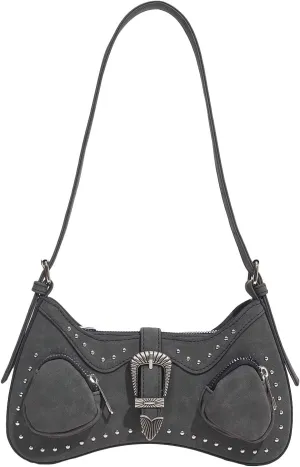 WDIRARA Women's Studded Detail Underarm Bag Buckle Decor Clutch Purse Flap Zipper Funky Shoulder Handbag