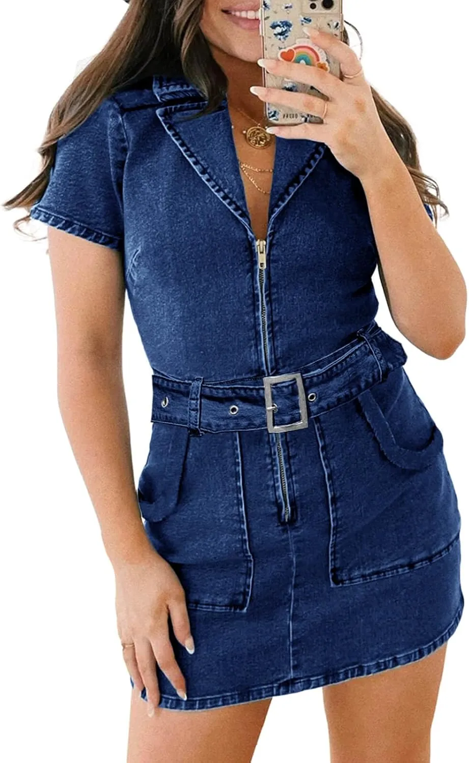 Wenrine Womens Summer Denim Dresses Bodycon Zipper Front Belted Sexy Mini Casual Dress with Pockets