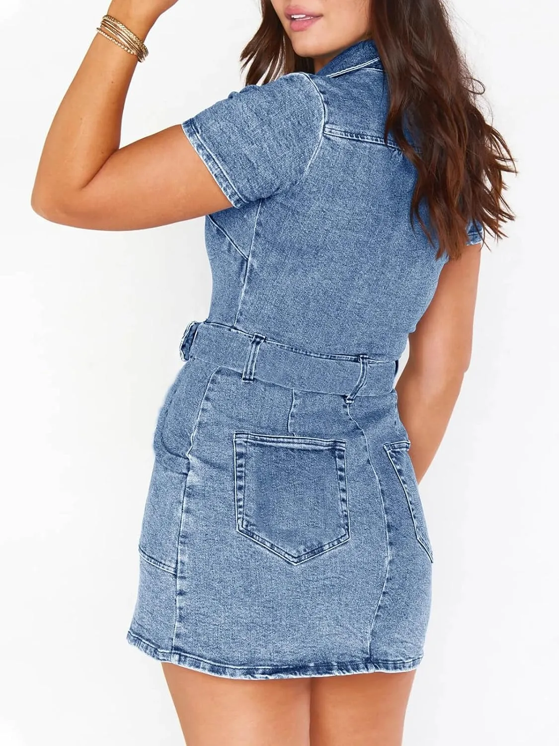 Wenrine Womens Summer Denim Dresses Bodycon Zipper Front Belted Sexy Mini Casual Dress with Pockets