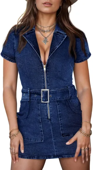 Wenrine Womens Summer Denim Dresses Bodycon Zipper Front Belted Sexy Mini Casual Dress with Pockets