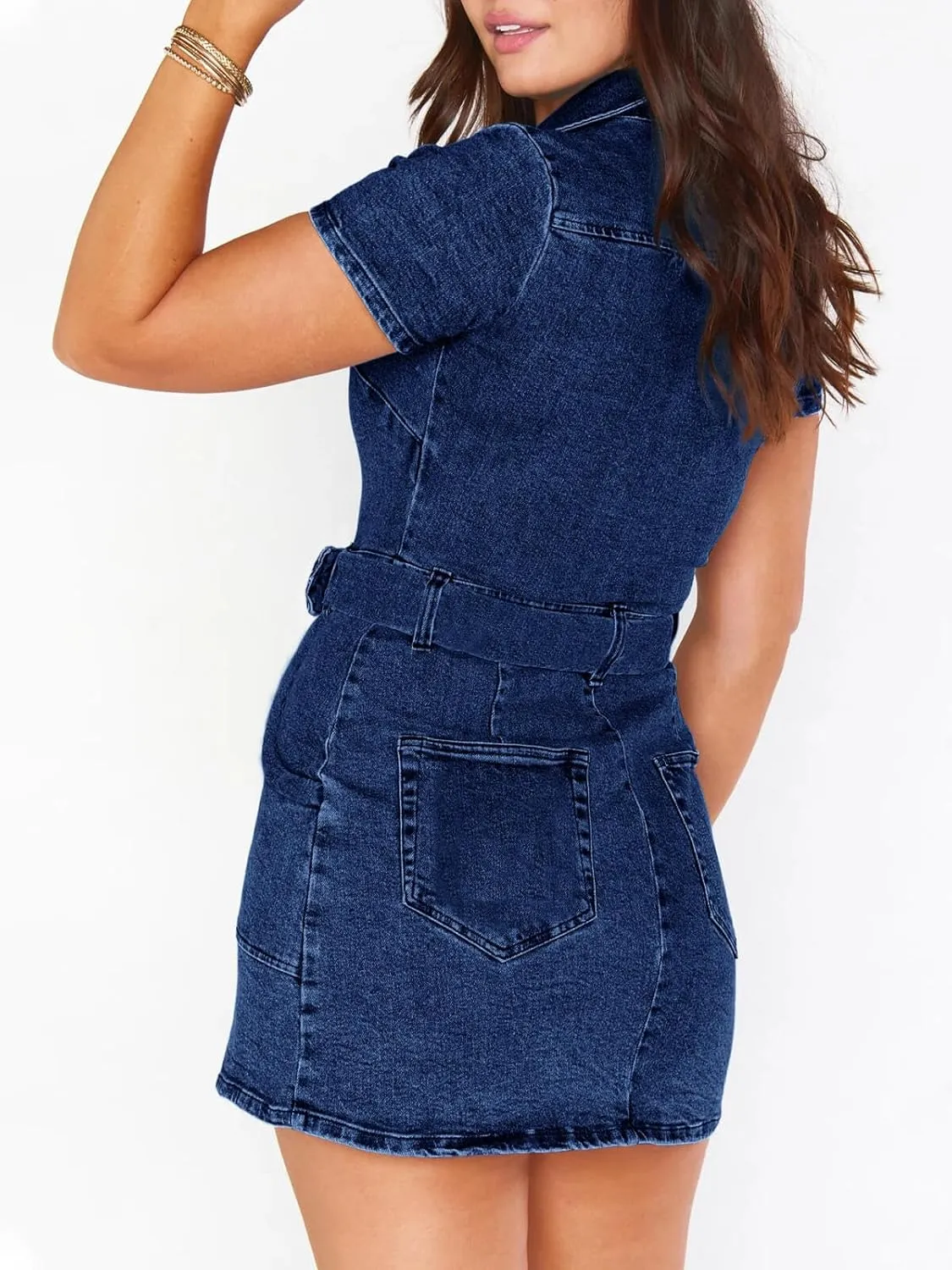 Wenrine Womens Summer Denim Dresses Bodycon Zipper Front Belted Sexy Mini Casual Dress with Pockets