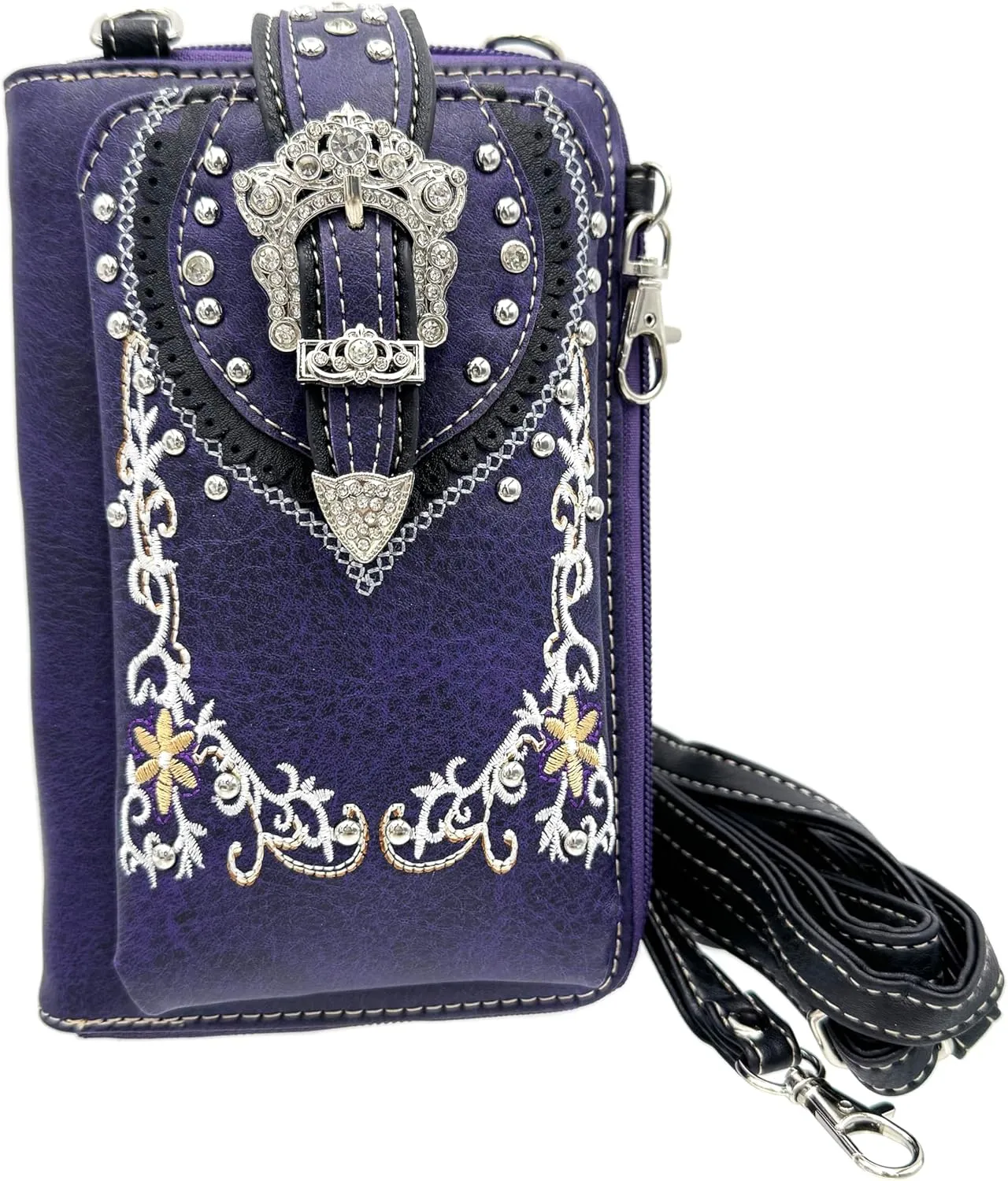 Western Buckle Floral Embroidered Women Crossbody Phone Wallet