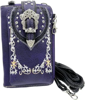 Western Buckle Floral Embroidered Women Crossbody Phone Wallet