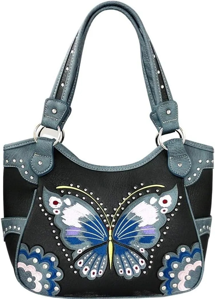 Western Fashion Butterfly Flower Season Embroidery Conceal Carry Tote Handbag Purse in 6 colors