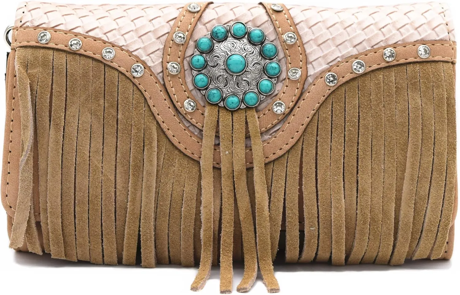 Western Style Fringe Conchos Gem Rhinestone Studded Woven Leather Purse Country Handbag Women Shoulder Bag Wallet Set