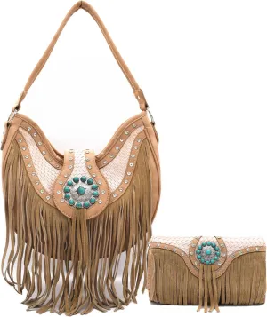 Western Style Fringe Conchos Gem Rhinestone Studded Woven Leather Purse Country Handbag Women Shoulder Bag Wallet Set