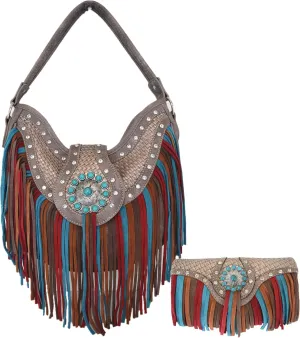Western Style Fringe Conchos Gem Rhinestone Studded Woven Leather Purse Country Handbag Women Shoulder Bag Wallet Set