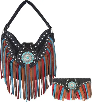 Western Style Fringe Conchos Gem Rhinestone Studded Woven Leather Purse Country Handbag Women Shoulder Bag Wallet Set