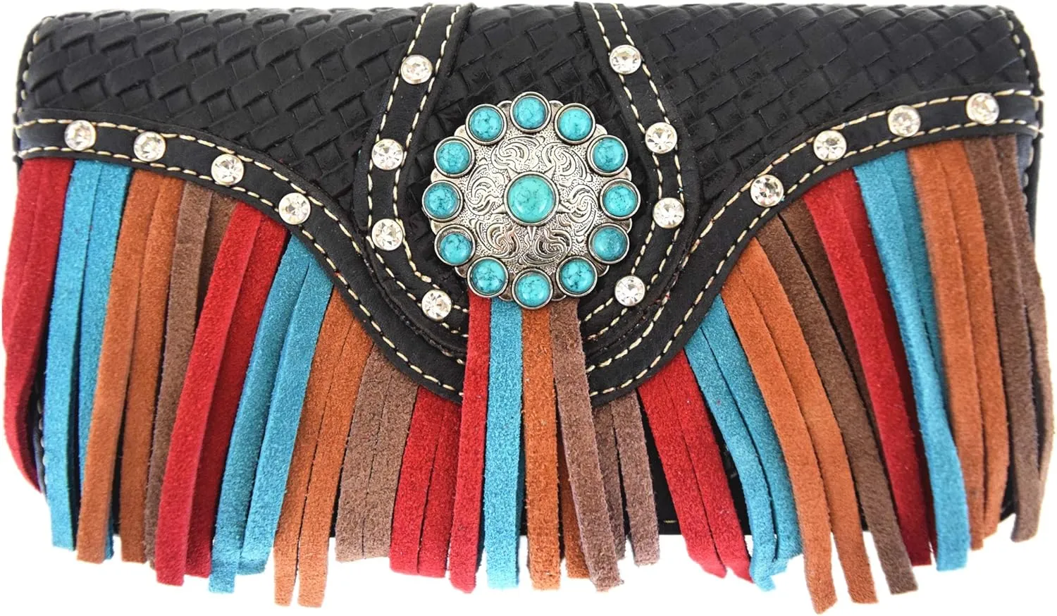 Western Style Fringe Conchos Gem Rhinestone Studded Woven Leather Purse Country Handbag Women Shoulder Bag Wallet Set
