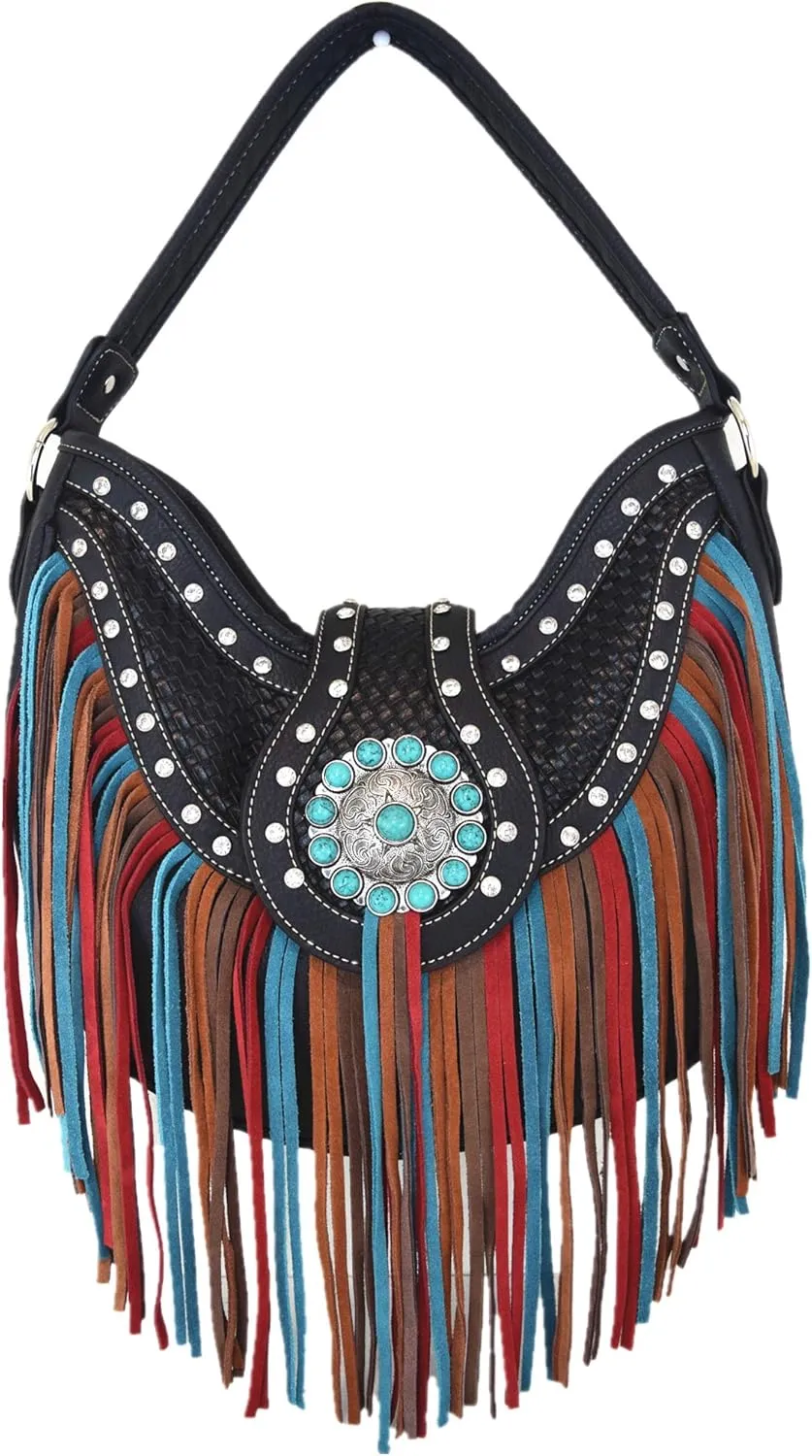 Western Style Fringe Conchos Gem Rhinestone Studded Woven Leather Purse Country Handbag Women Shoulder Bag Wallet Set
