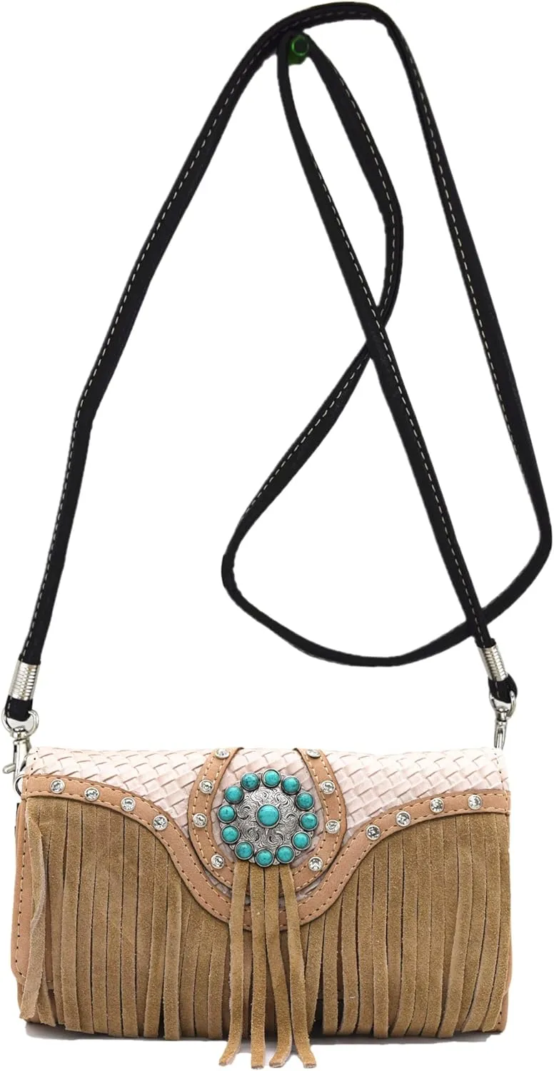 Western Style Fringe Conchos Gem Rhinestone Studded Woven Leather Purse Country Handbag Women Shoulder Bag Wallet Set