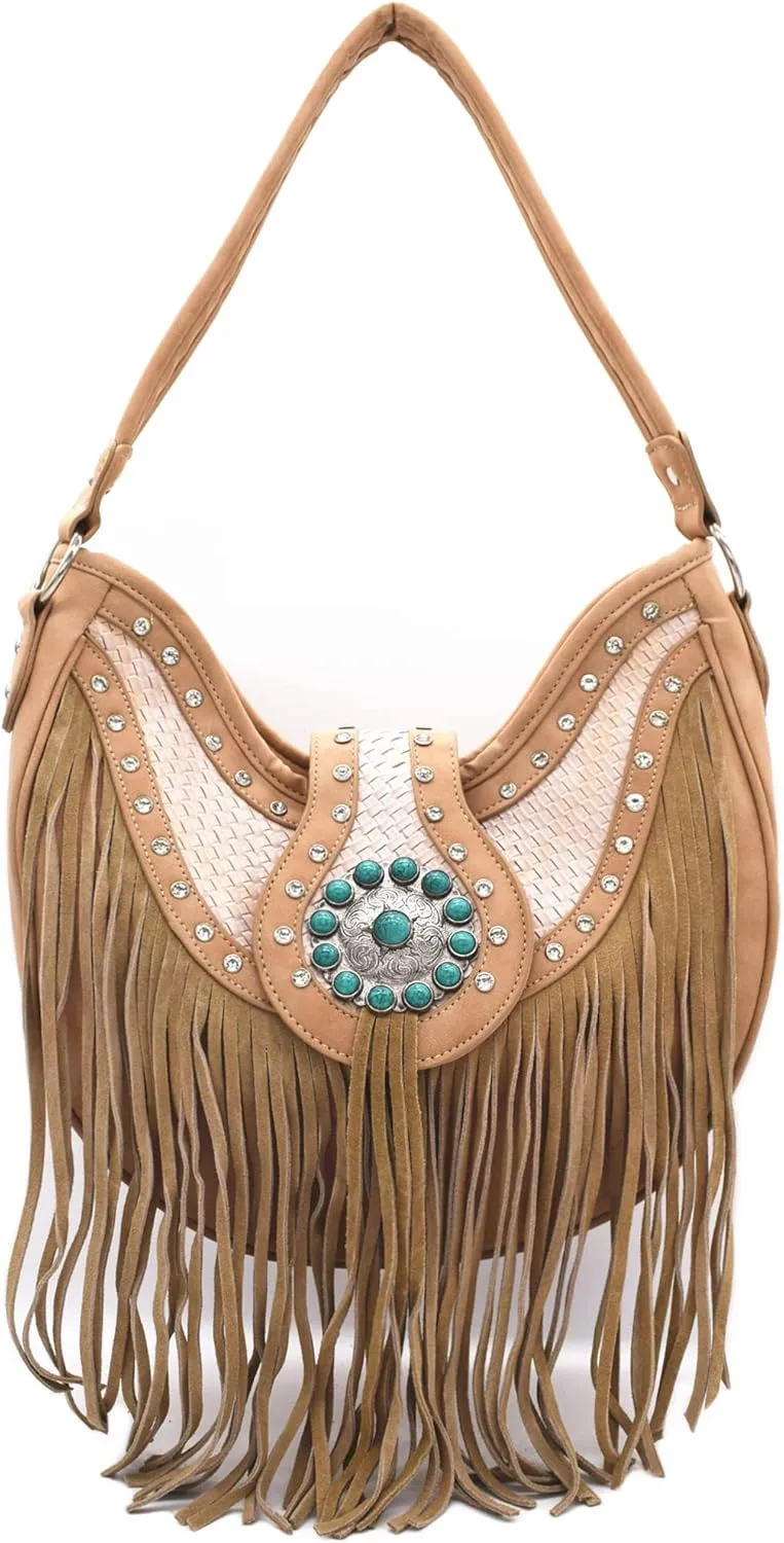 Western Style Fringe Conchos Gem Rhinestone Studded Woven Leather Purse Country Handbag Women Shoulder Bag Wallet Set