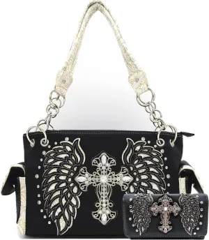 Western Style Rhinestone Cross Studded Laser Cut Wings Tooled Leather Purse Women Handbags Country Shoulder Bag Wallet Set