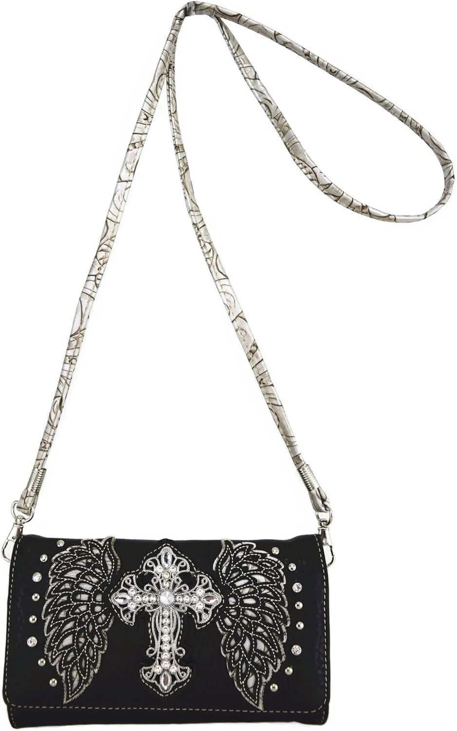 Western Style Rhinestone Cross Studded Laser Cut Wings Tooled Leather Purse Women Handbags Country Shoulder Bag Wallet Set