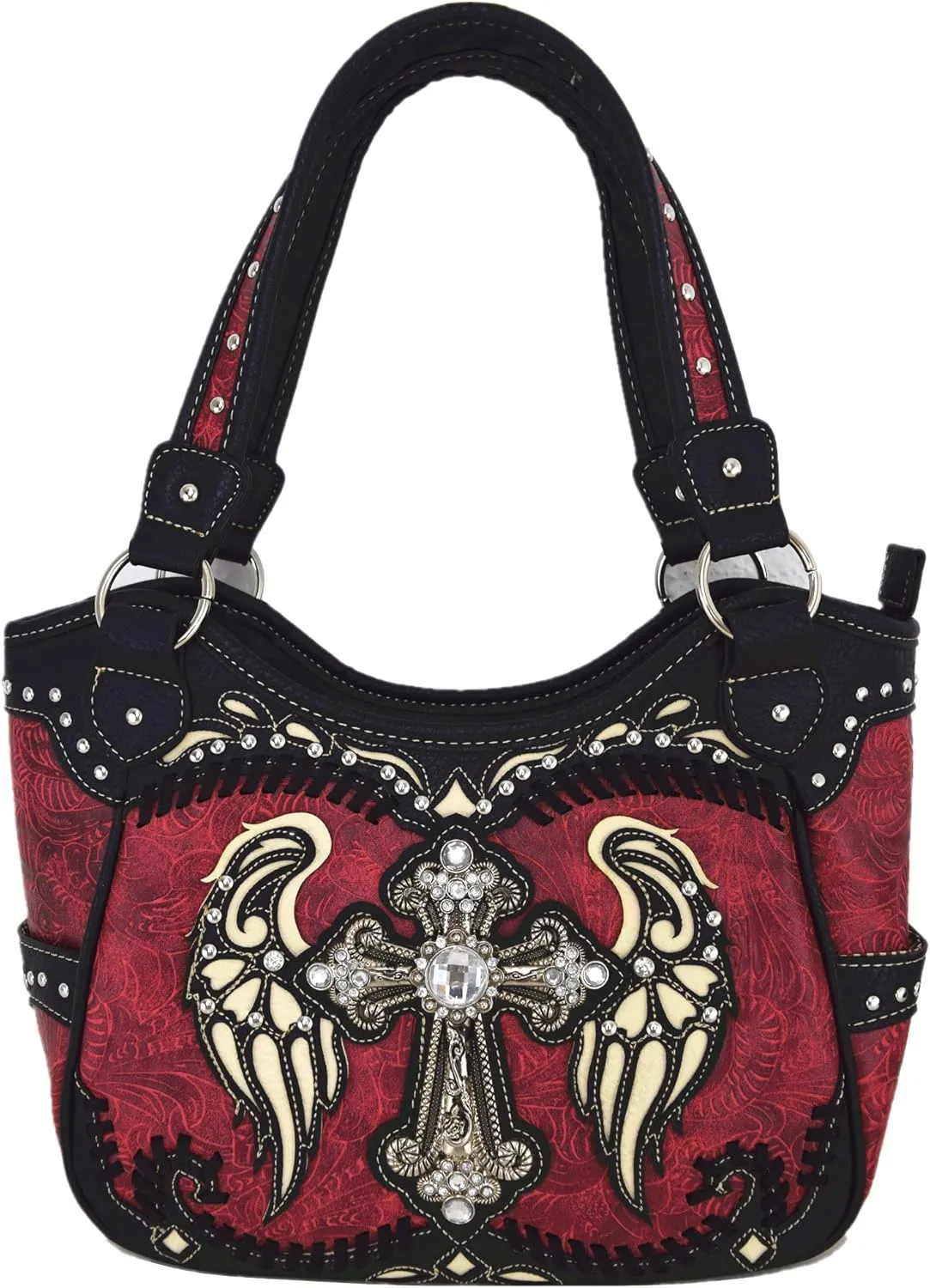 Western Style Rhinestone Cross Studded Laser Cut Wings Tooled Leather Purse Women Handbags Country Shoulder Bag Wallet Set