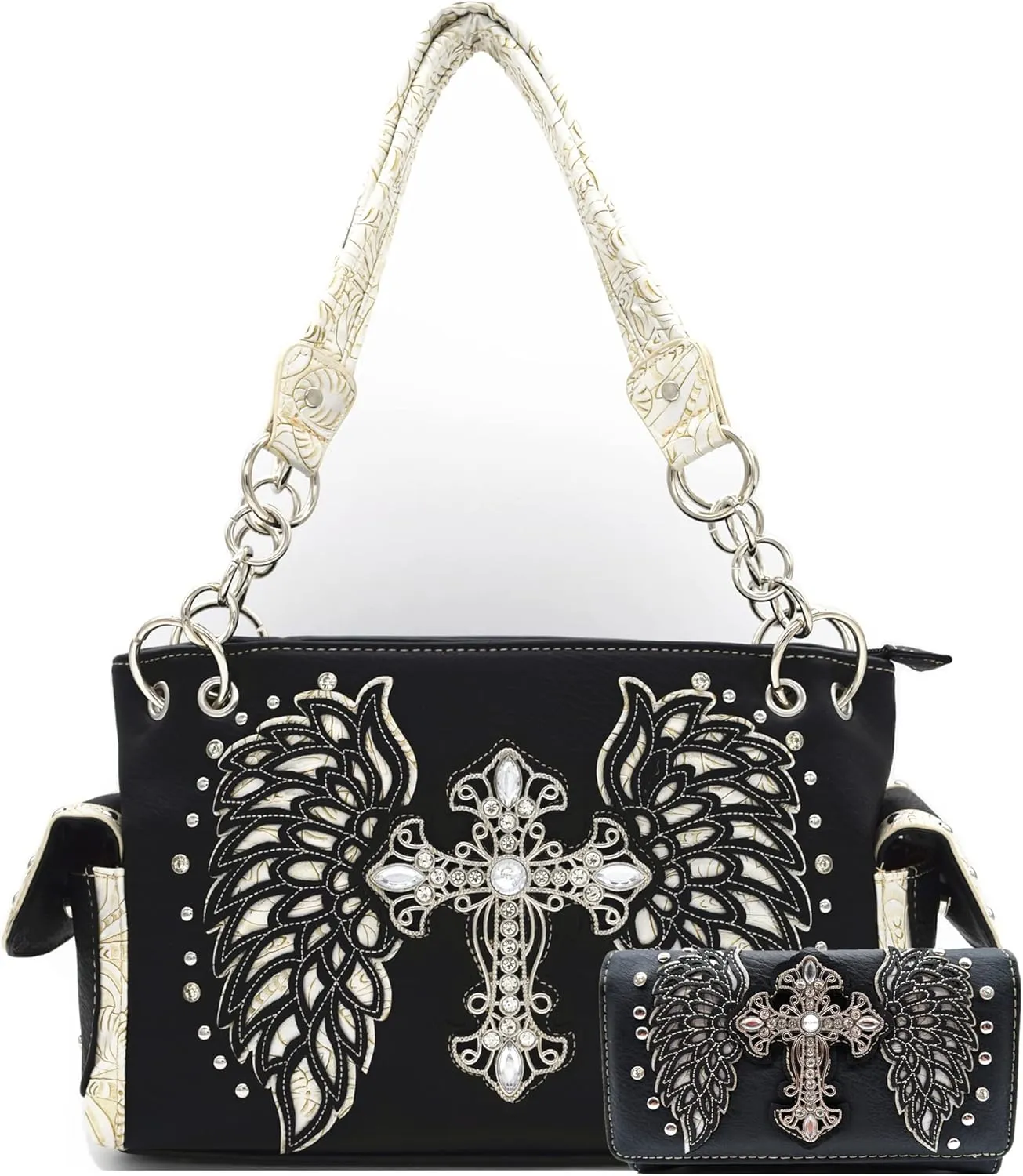 Western Style Rhinestone Cross Studded Laser Cut Wings Tooled Leather Purse Women Handbags Country Shoulder Bag Wallet Set