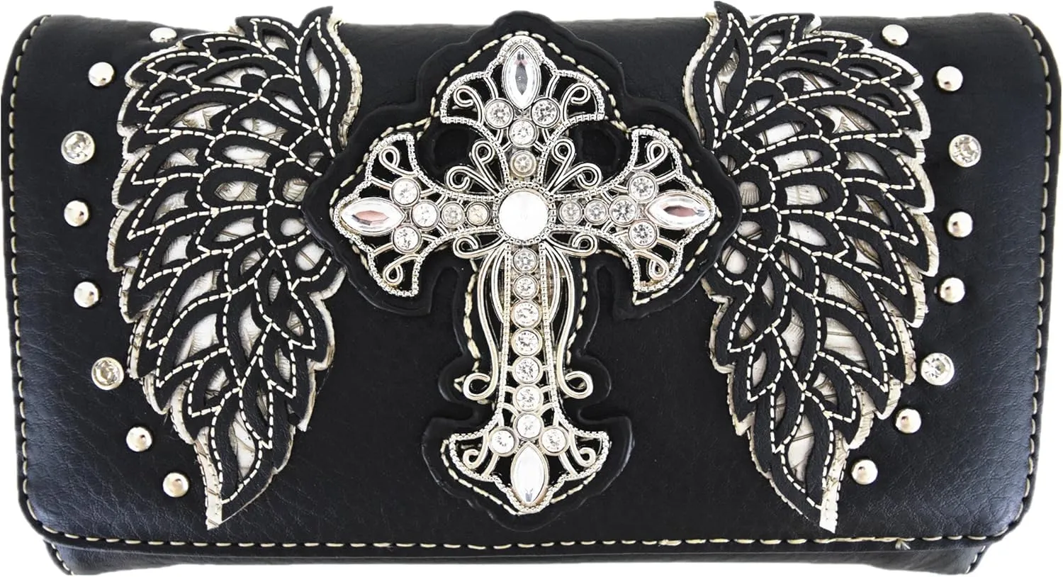 Western Style Rhinestone Cross Studded Laser Cut Wings Tooled Leather Purse Women Handbags Country Shoulder Bag Wallet Set