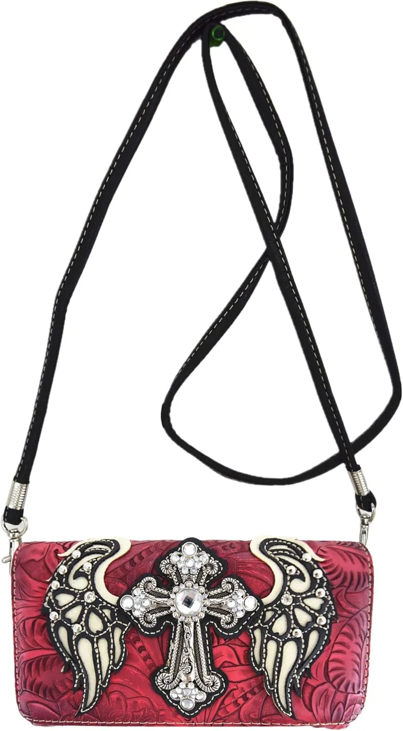 Western Style Rhinestone Cross Studded Laser Cut Wings Tooled Leather Purse Women Handbags Country Shoulder Bag Wallet Set