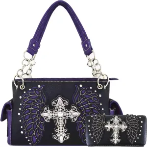 Western Style Rhinestone Cross Studded Laser Cut Wings Tooled Leather Purse Women Handbags Country Shoulder Bag Wallet Set