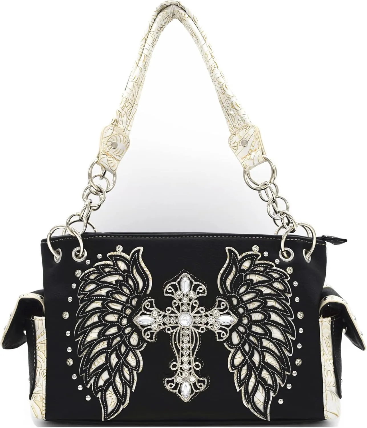 Western Style Rhinestone Cross Studded Laser Cut Wings Tooled Leather Purse Women Handbags Country Shoulder Bag Wallet Set