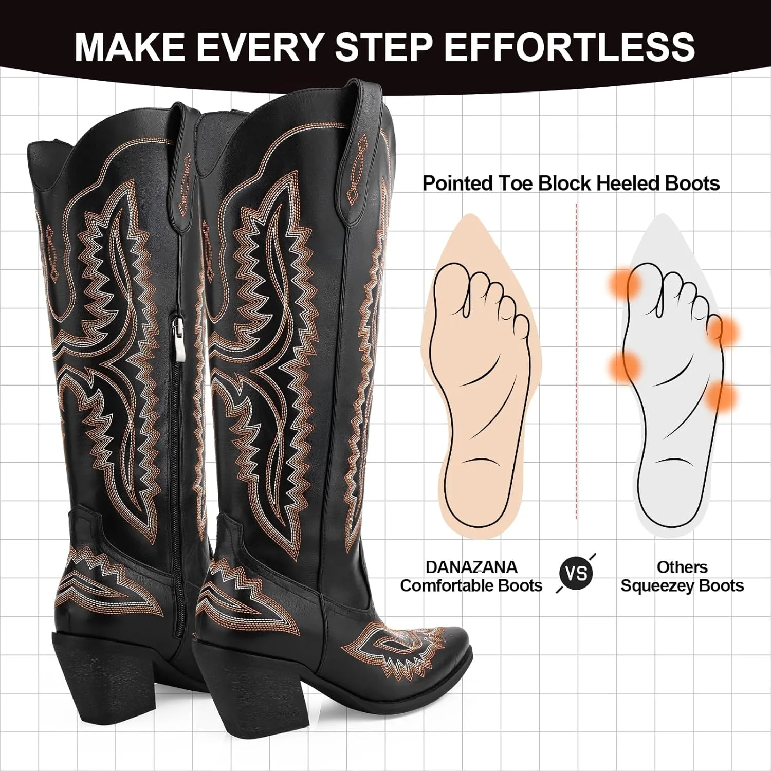 Wide Calf Embroidered Cowboy Boots Women Tall Western Cowgirl Boots With Side Half Zip Pointed Toe Cowgirl Boots For Lady Size 7-10