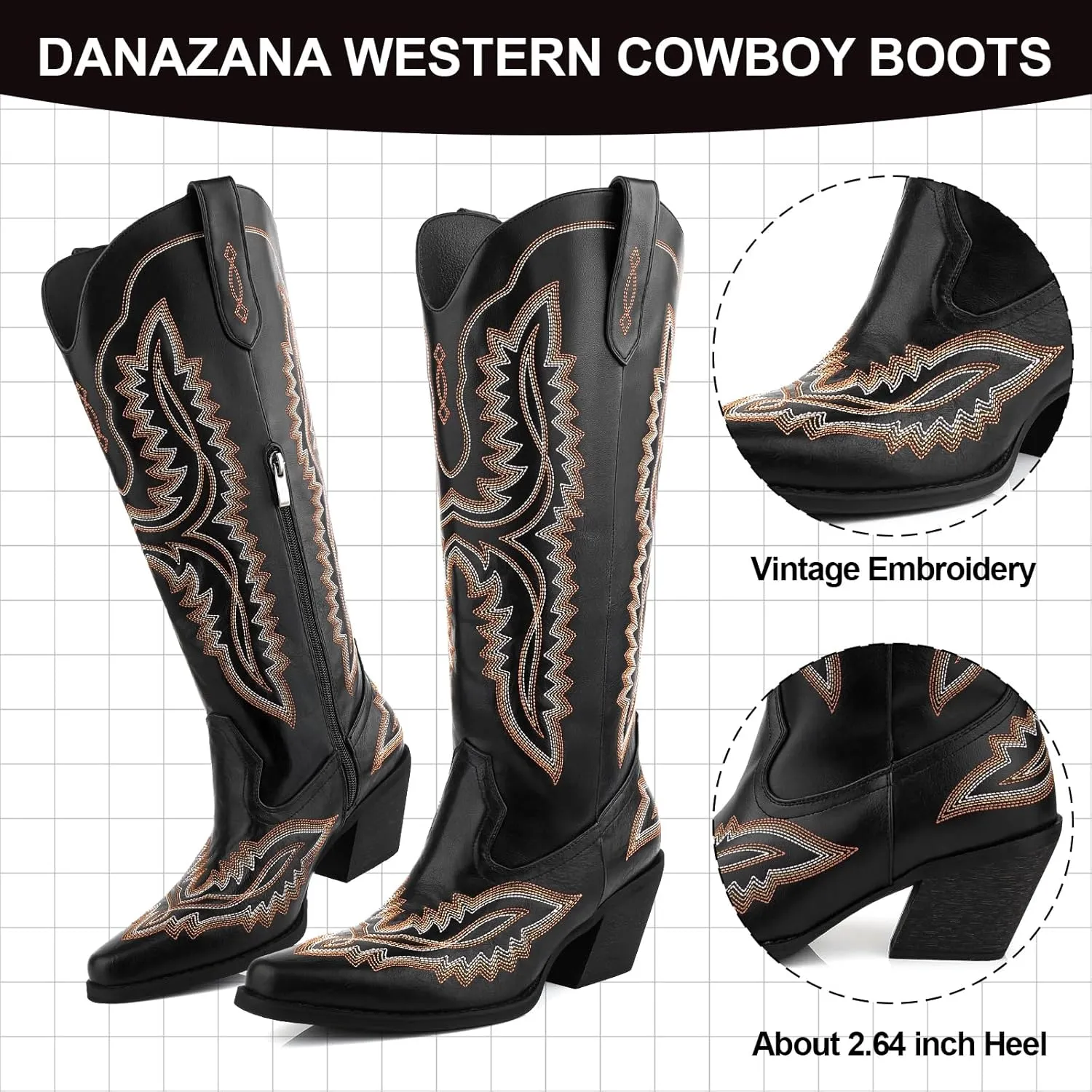 Wide Calf Embroidered Cowboy Boots Women Tall Western Cowgirl Boots With Side Half Zip Pointed Toe Cowgirl Boots For Lady Size 7-10
