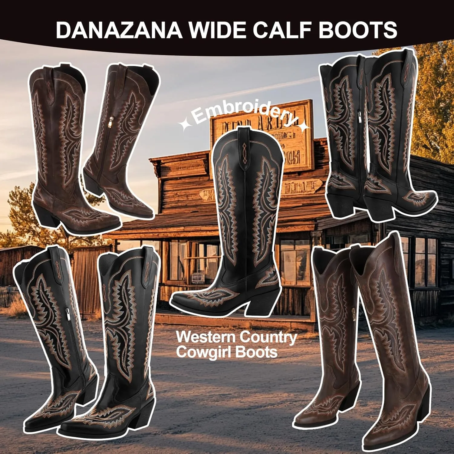 Wide Calf Embroidered Cowboy Boots Women Tall Western Cowgirl Boots With Side Half Zip Pointed Toe Cowgirl Boots For Lady Size 7-10