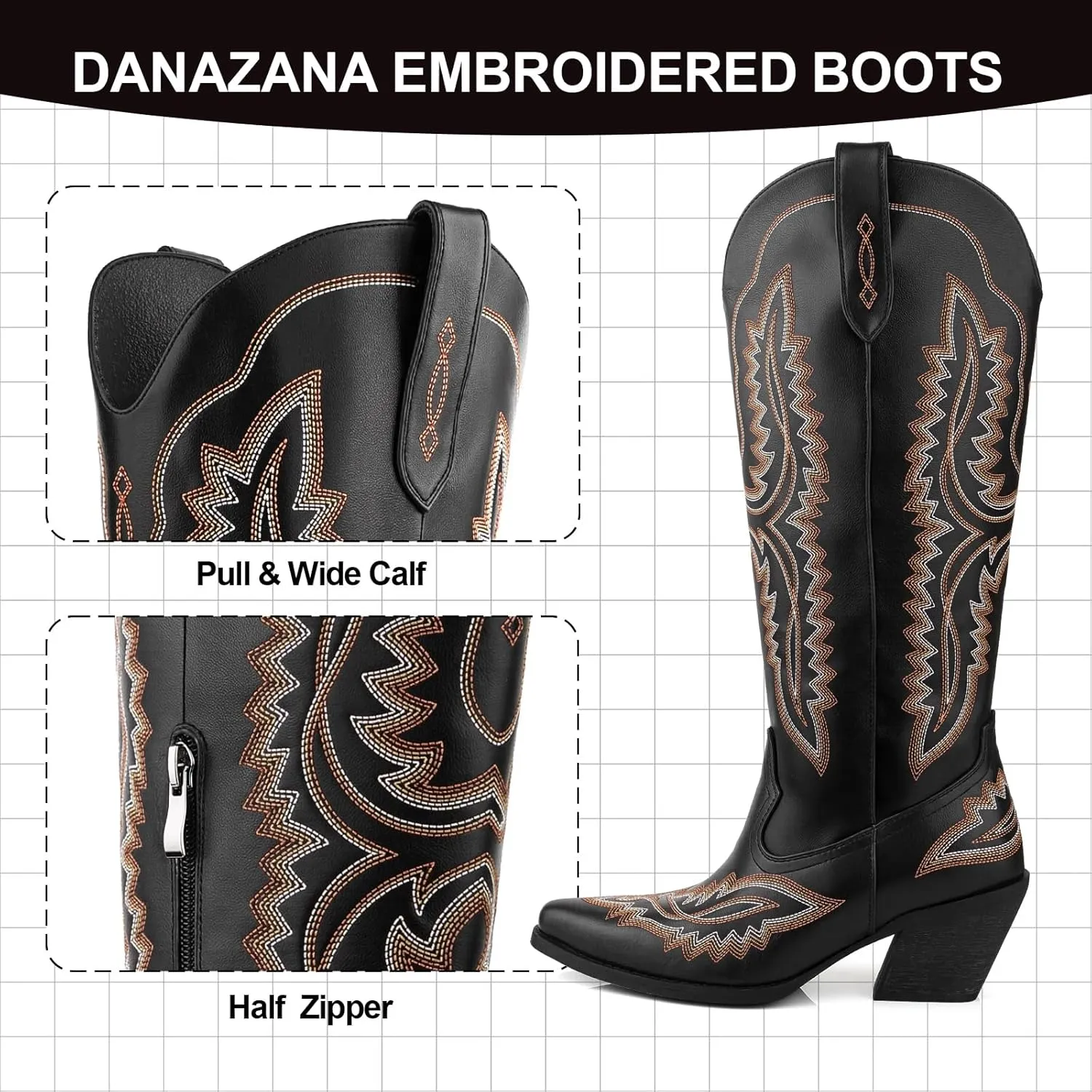 Wide Calf Embroidered Cowboy Boots Women Tall Western Cowgirl Boots With Side Half Zip Pointed Toe Cowgirl Boots For Lady Size 7-10