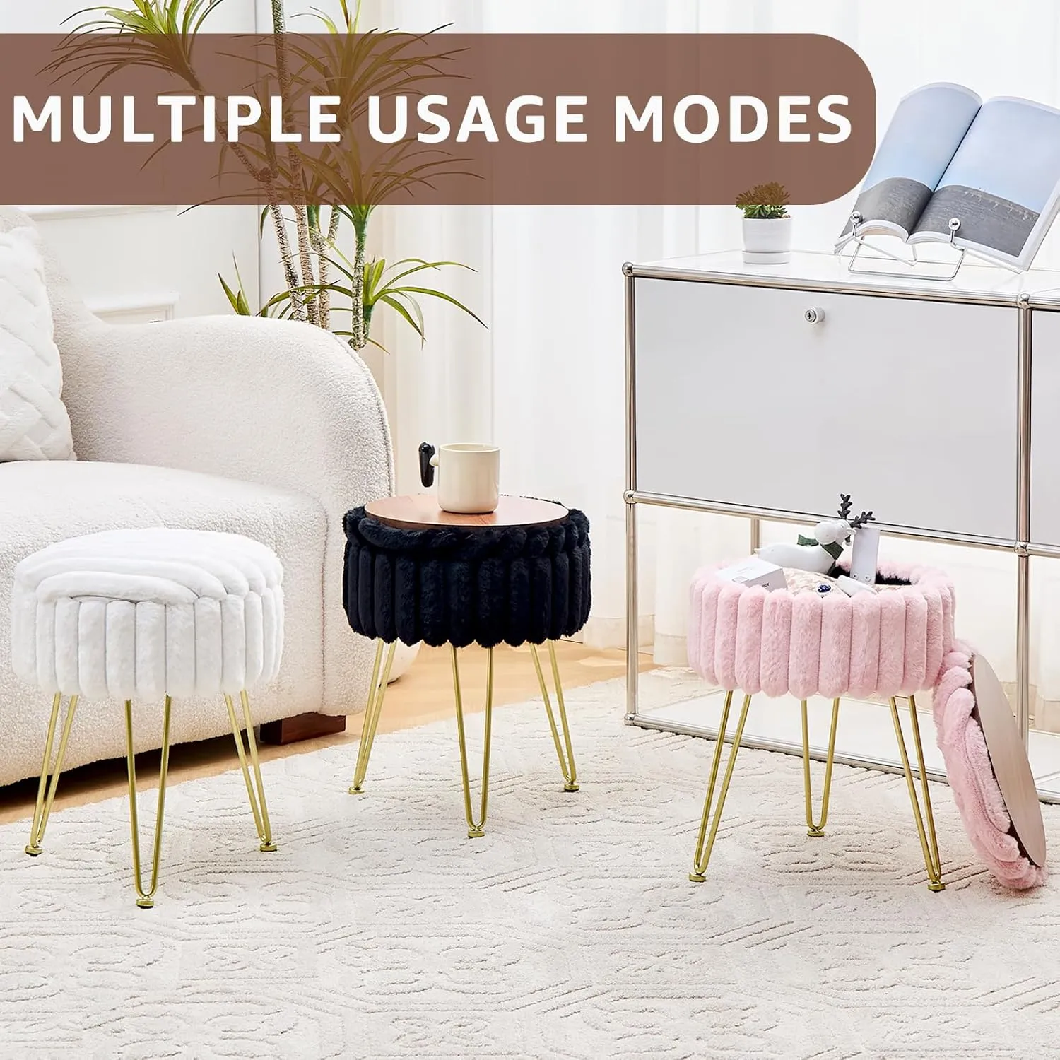 Wimarsbon Round Storage Ottoman Modern Vanity Stool with Metal Legs Faux Fur Upholstery Cushioned Footstool for Extra Seating Small Side Table Footrest Stool Easy Assembly (Black)