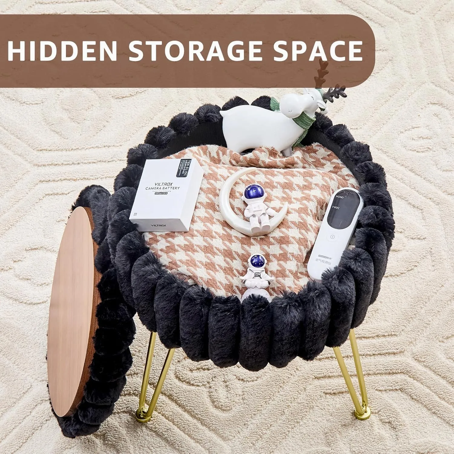 Wimarsbon Round Storage Ottoman Modern Vanity Stool with Metal Legs Faux Fur Upholstery Cushioned Footstool for Extra Seating Small Side Table Footrest Stool Easy Assembly (Black)