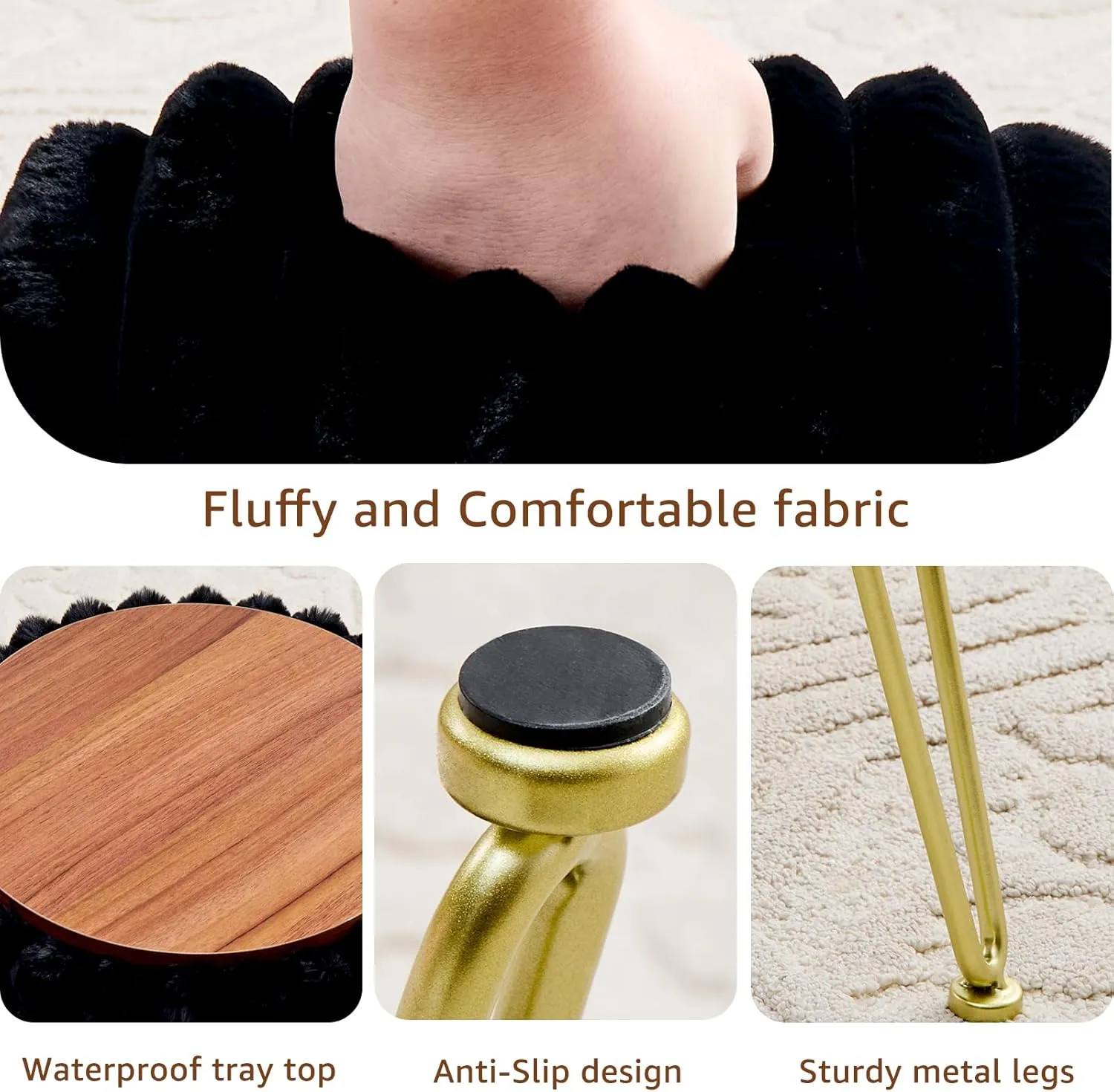 Wimarsbon Round Storage Ottoman Modern Vanity Stool with Metal Legs Faux Fur Upholstery Cushioned Footstool for Extra Seating Small Side Table Footrest Stool Easy Assembly (Black)