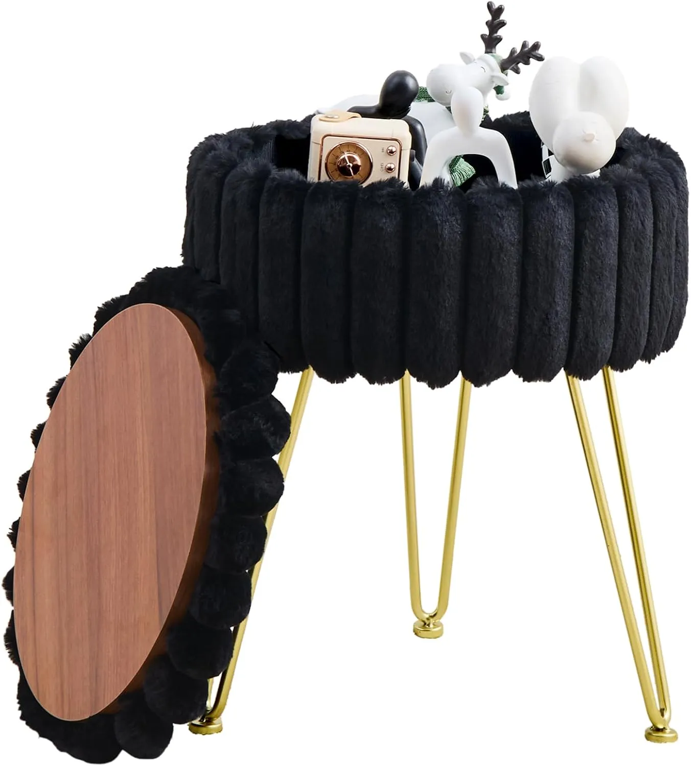 Wimarsbon Round Storage Ottoman Modern Vanity Stool with Metal Legs Faux Fur Upholstery Cushioned Footstool for Extra Seating Small Side Table Footrest Stool Easy Assembly (Black)