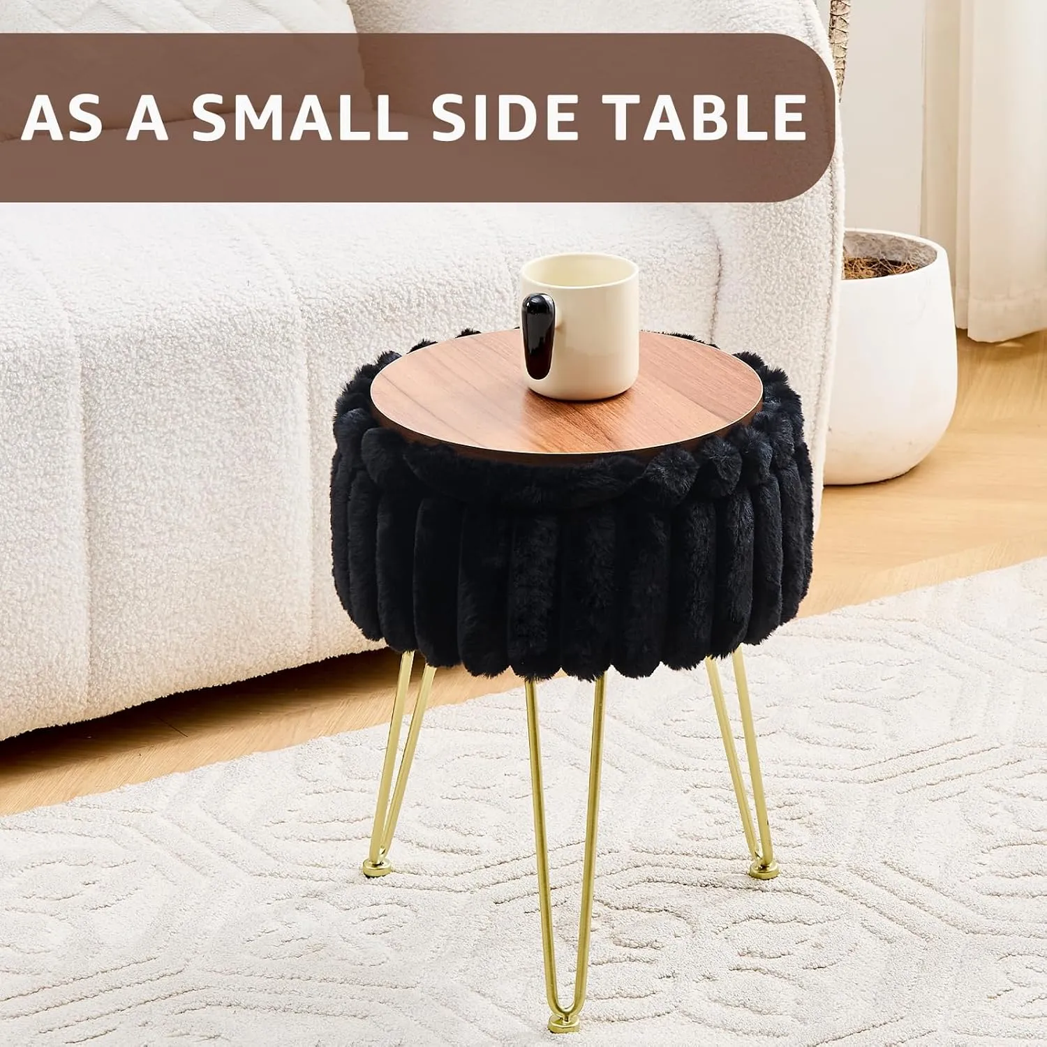 Wimarsbon Round Storage Ottoman Modern Vanity Stool with Metal Legs Faux Fur Upholstery Cushioned Footstool for Extra Seating Small Side Table Footrest Stool Easy Assembly (Black)
