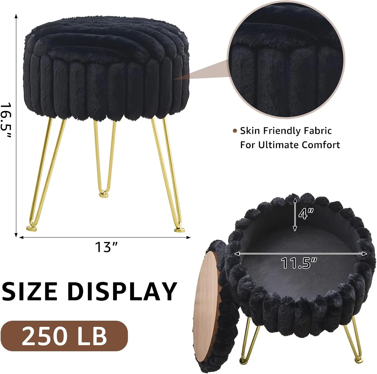 Wimarsbon Round Storage Ottoman Modern Vanity Stool with Metal Legs Faux Fur Upholstery Cushioned Footstool for Extra Seating Small Side Table Footrest Stool Easy Assembly (Black)