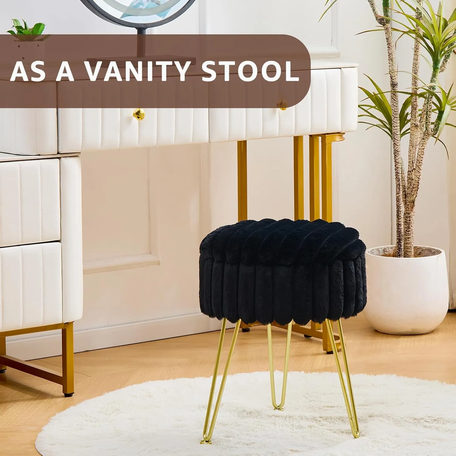 Wimarsbon Round Storage Ottoman Modern Vanity Stool with Metal Legs Faux Fur Upholstery Cushioned Footstool for Extra Seating Small Side Table Footrest Stool Easy Assembly (Black)