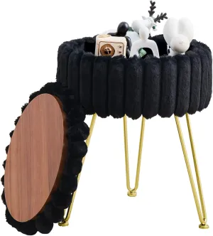 Wimarsbon Round Storage Ottoman Modern Vanity Stool with Metal Legs Faux Fur Upholstery Cushioned Footstool for Extra Seating Small Side Table Footrest Stool Easy Assembly (Black)