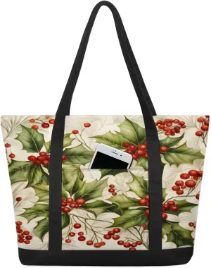 Winter Christmas Berries Canvas Tote Bag Spacious Laptop Work Tote with Zippered Pockets Stylish Reusable Shopping Bag for Women Men Commuter Bag for Office Travel Daily