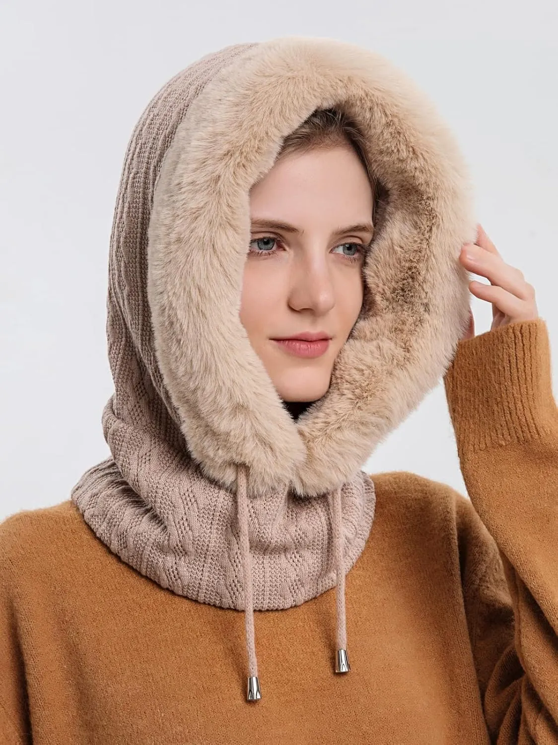 Winter Hats for Women One Piece Slouchy Beanie Scarf Mask Warm Faux Fur Hooded Balaclava Pullover Knitted Cap