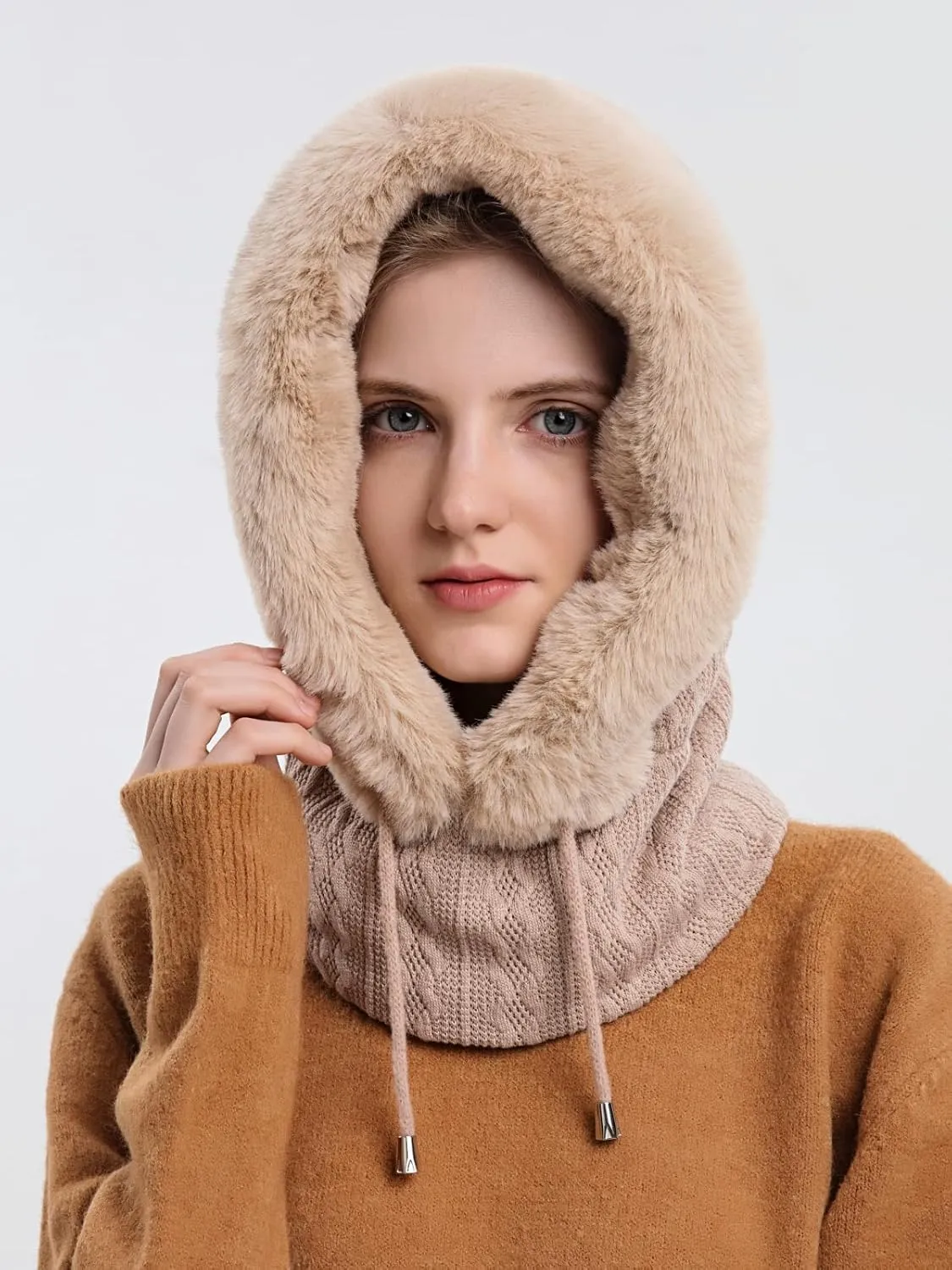 Winter Hats for Women One Piece Slouchy Beanie Scarf Mask Warm Faux Fur Hooded Balaclava Pullover Knitted Cap