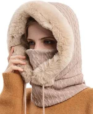 Winter Hats for Women One Piece Slouchy Beanie Scarf Mask Warm Faux Fur Hooded Balaclava Pullover Knitted Cap