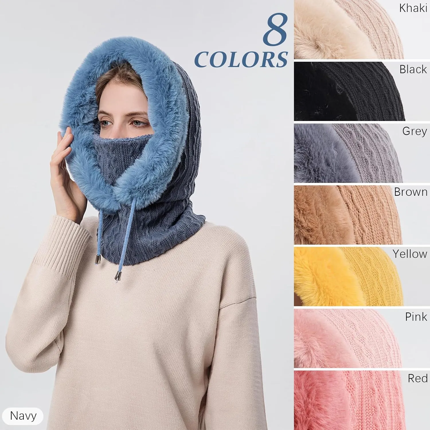 Winter Hats for Women One Piece Slouchy Beanie Scarf Mask Warm Faux Fur Hooded Balaclava Pullover Knitted Cap