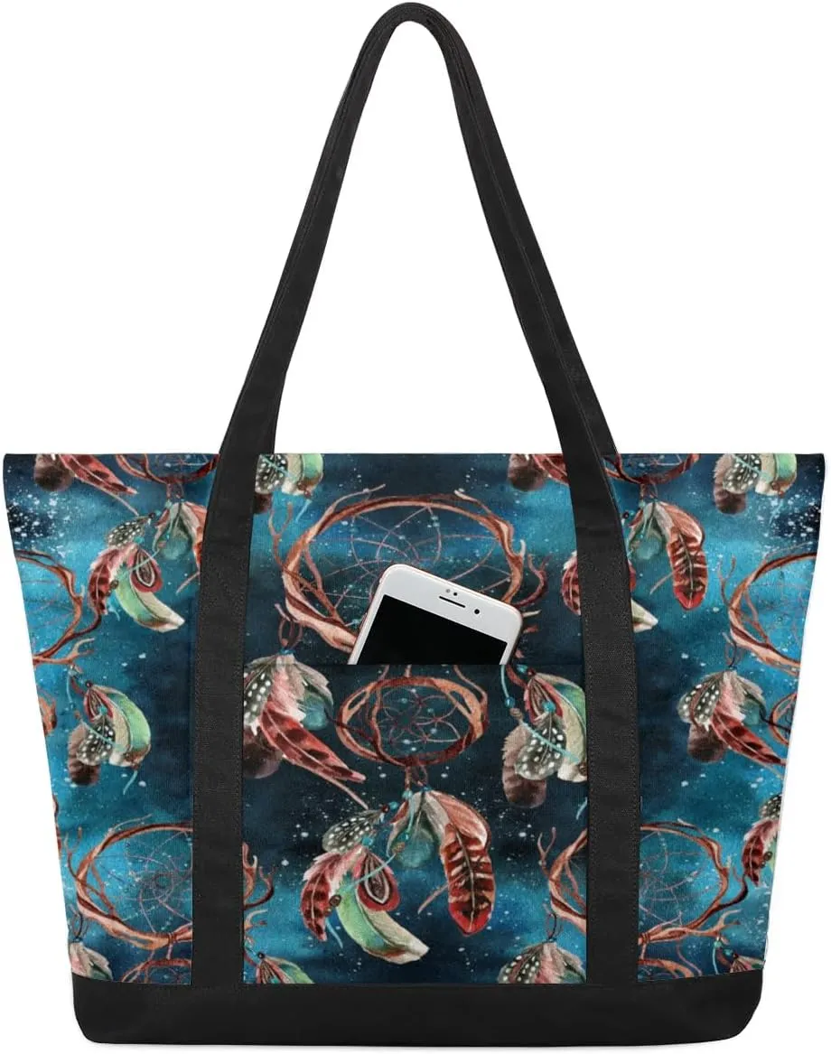 Wish Dream Pattern Tote Bag for Women Work Canvas Travel Tote Bags with Zipper Large Capacity Casual Handbag with Inner Pockets Reusable Shopping Shoulder Bag for Teacher Nurse