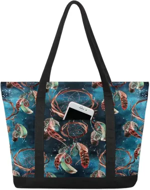 Wish Dream Pattern Tote Bag for Women Work Canvas Travel Tote Bags with Zipper Large Capacity Casual Handbag with Inner Pockets Reusable Shopping Shoulder Bag for Teacher Nurse
