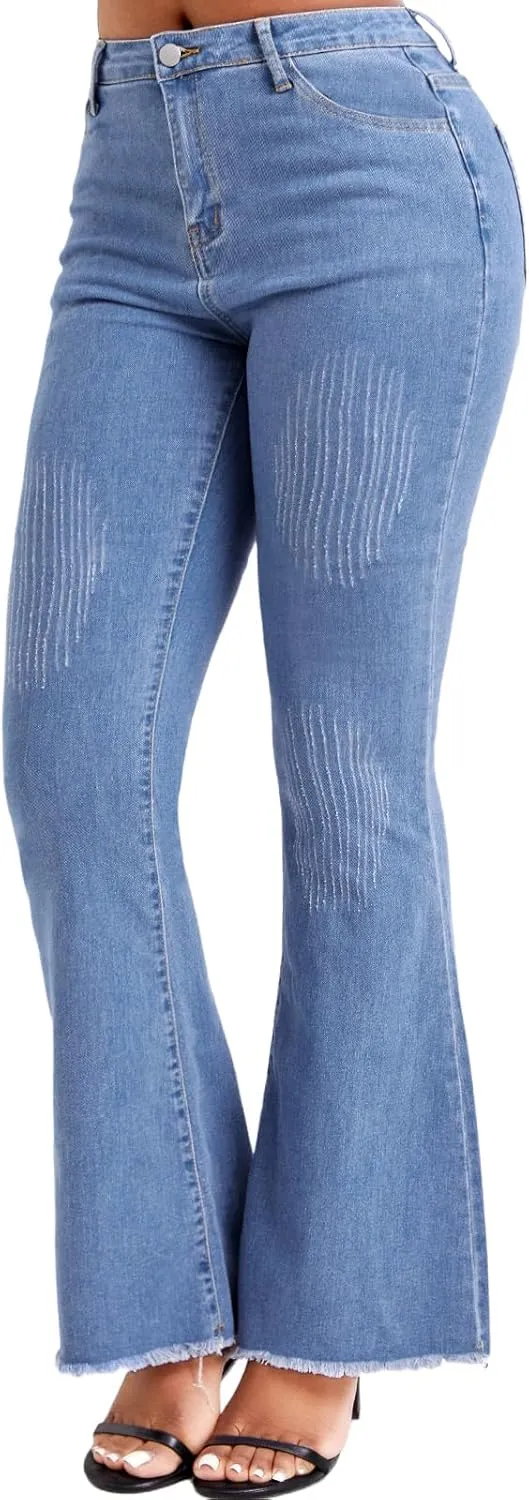 Women’ Casual Classic Bell Bottom Jeans Distressed Ripped High Waist Denim Flared Pants