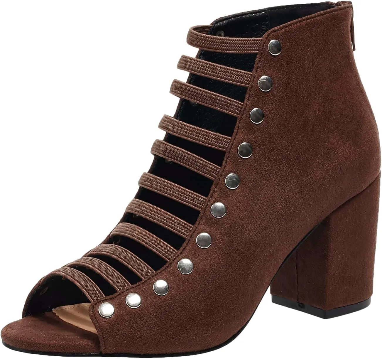 Women Chunky Heeled Sandals Cutout Open Toe Heels Studded Elastic Ankle Strap Pumps Summer Bridal Party Dress Shoes