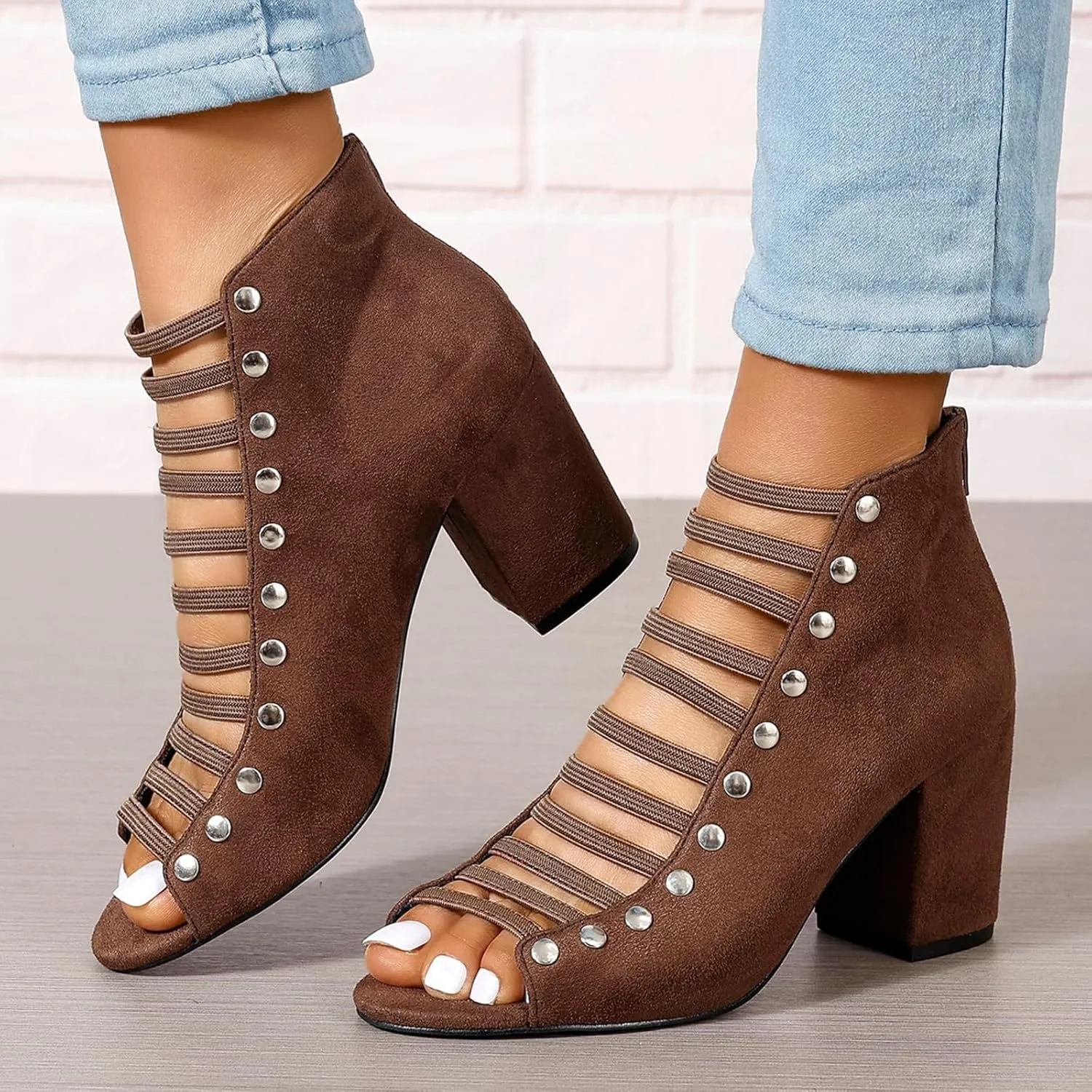 Women Chunky Heeled Sandals Cutout Open Toe Heels Studded Elastic Ankle Strap Pumps Summer Bridal Party Dress Shoes