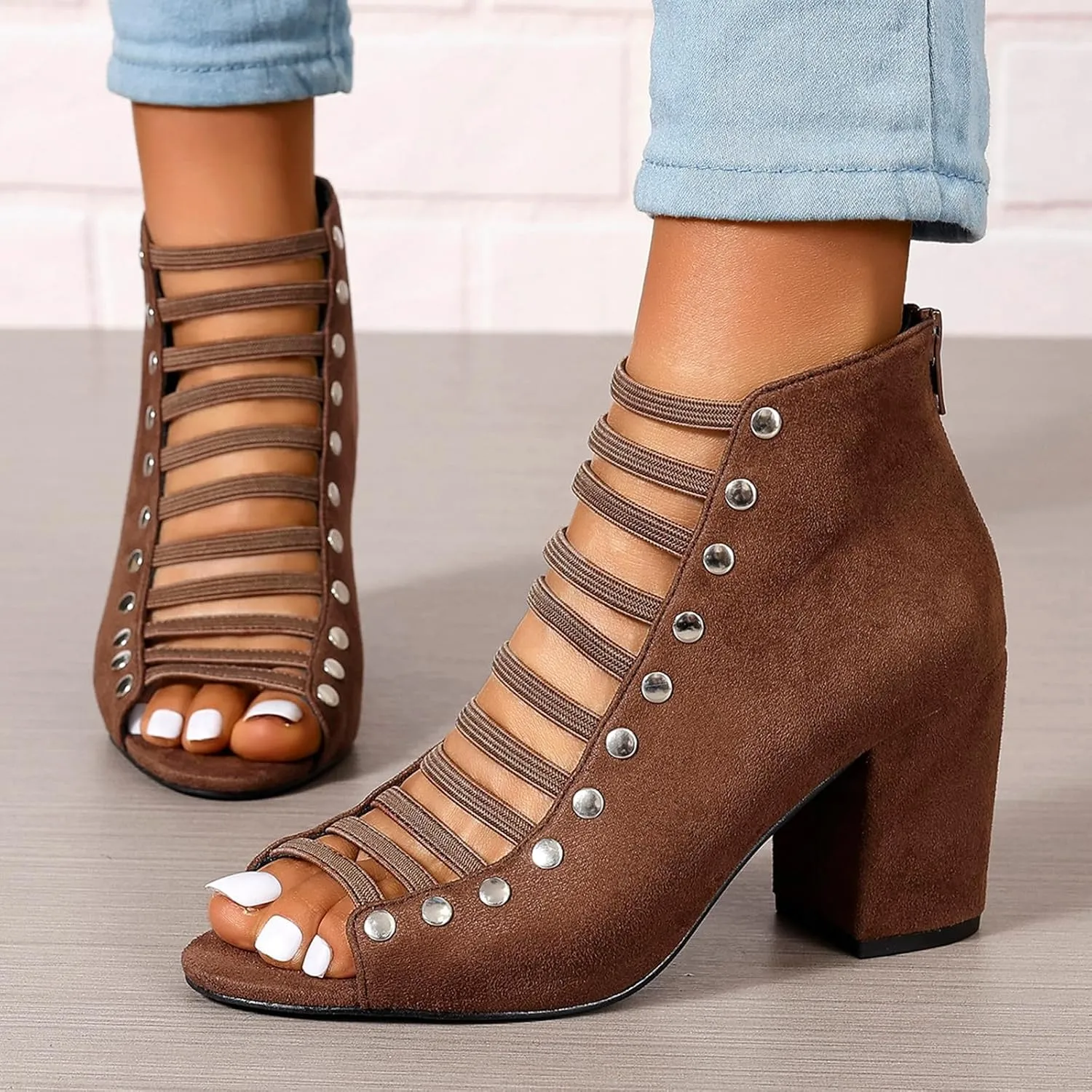 Women Chunky Heeled Sandals Cutout Open Toe Heels Studded Elastic Ankle Strap Pumps Summer Bridal Party Dress Shoes